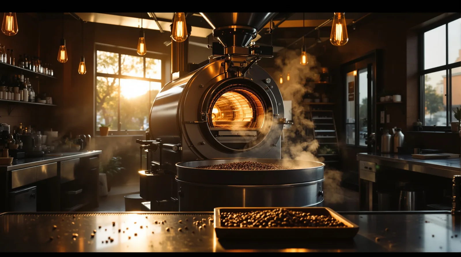 small specialty roastery interior at golden hour — 15kg drum roaster mid-batch, beans visible through the viewing window