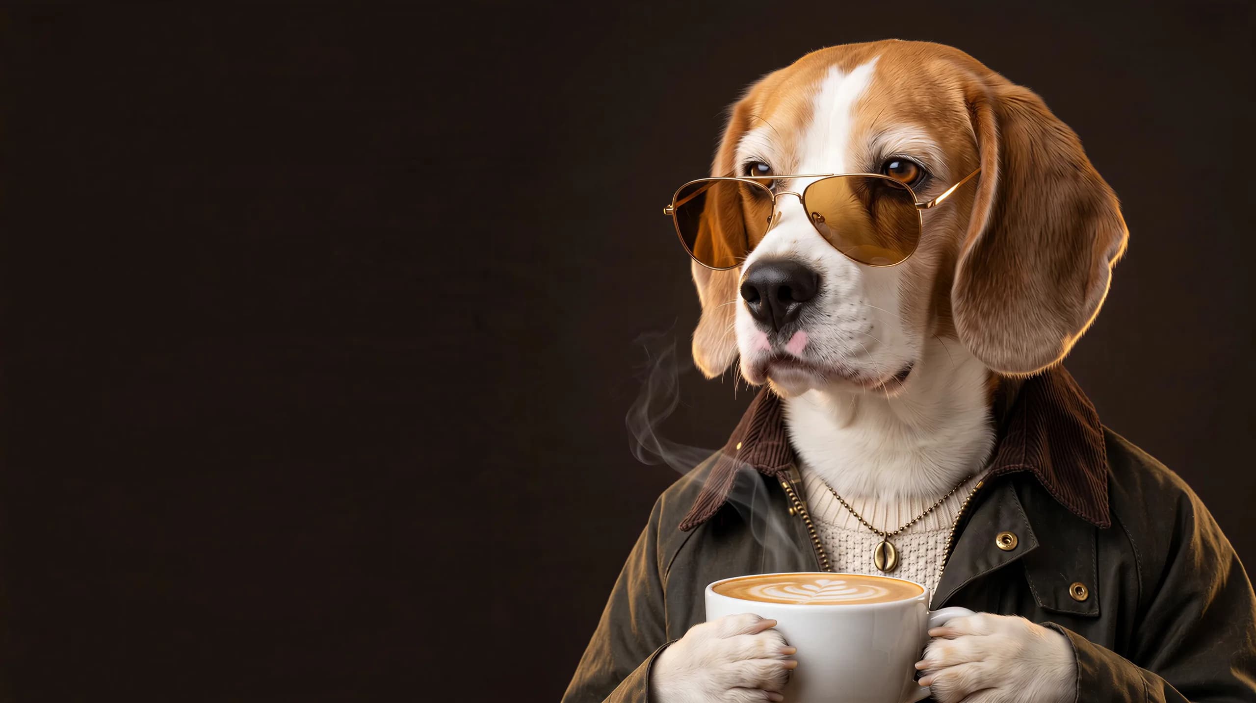 jazz the beagle in amber aviators and a waxed roaster's jacket, holding a flat white