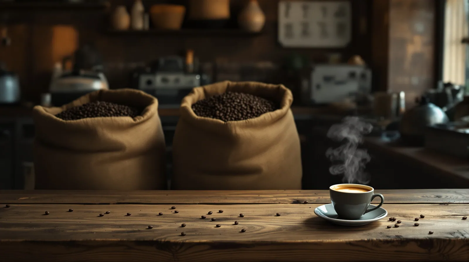 roastery with burlap sacks and espresso on a wooden table.