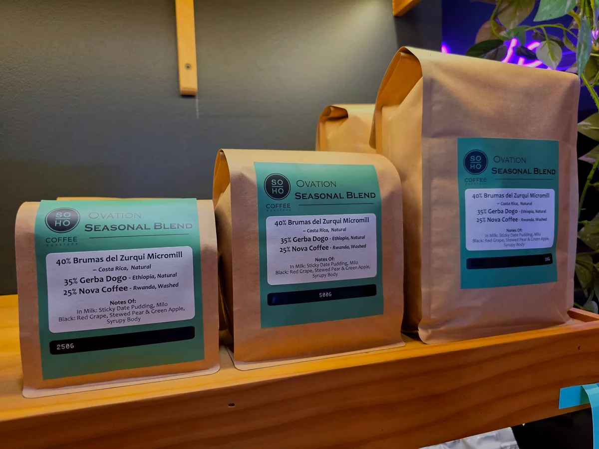 ovation seasonal blend, ethiopia + rwanda + costa rica coffee from soho coffee roasters