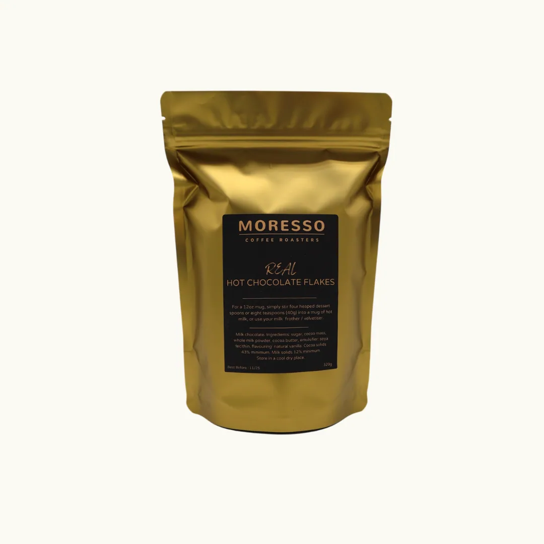 real hot chocolate flakes, colombia + ecuador coffee from moresso coffee roasters