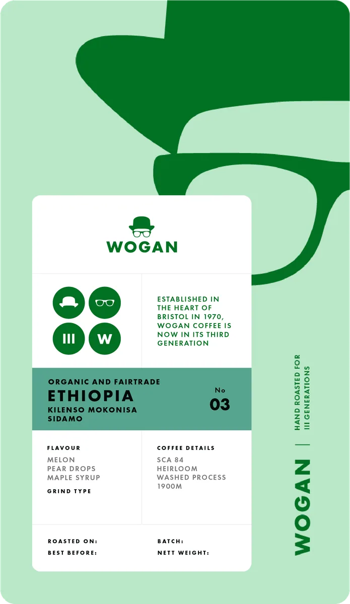 organic fairtrade ethiopia, kilenso mokonsia, sidamo, ethiopia coffee from wogan coffee roastery shop & brew bar