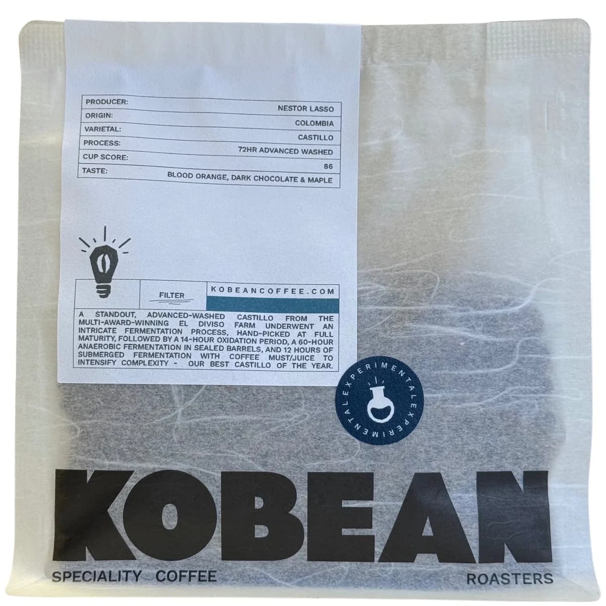 nestor lasso - (72hr advanced washed, castillo) sca: 86, colombia coffee from kobean coffee roasters