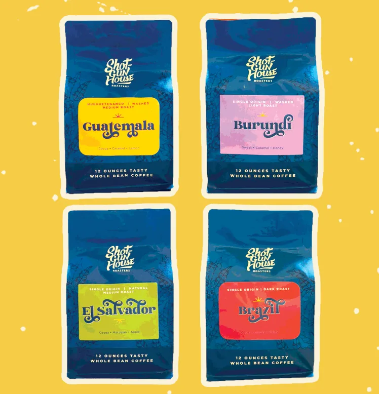 variety box - 4 x 12oz, ethiopia + brazil + el salvador coffee from shotgun house coffee roasters