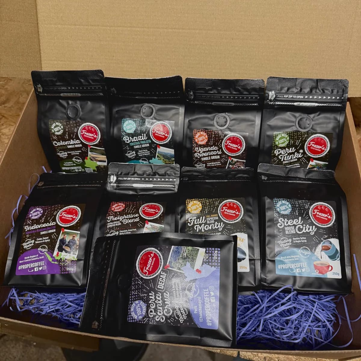 mega box, colombia + brazil + peru + indonesia coffee from frazer's coffee roasters