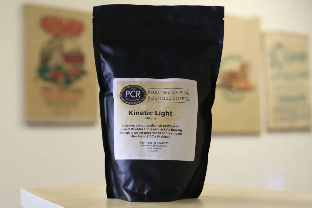 kinetic light 250g beans, ethiopia + kenya + colombia + guatemala + indonesia + india + papua new guinea coffee from perth coffee roasters
