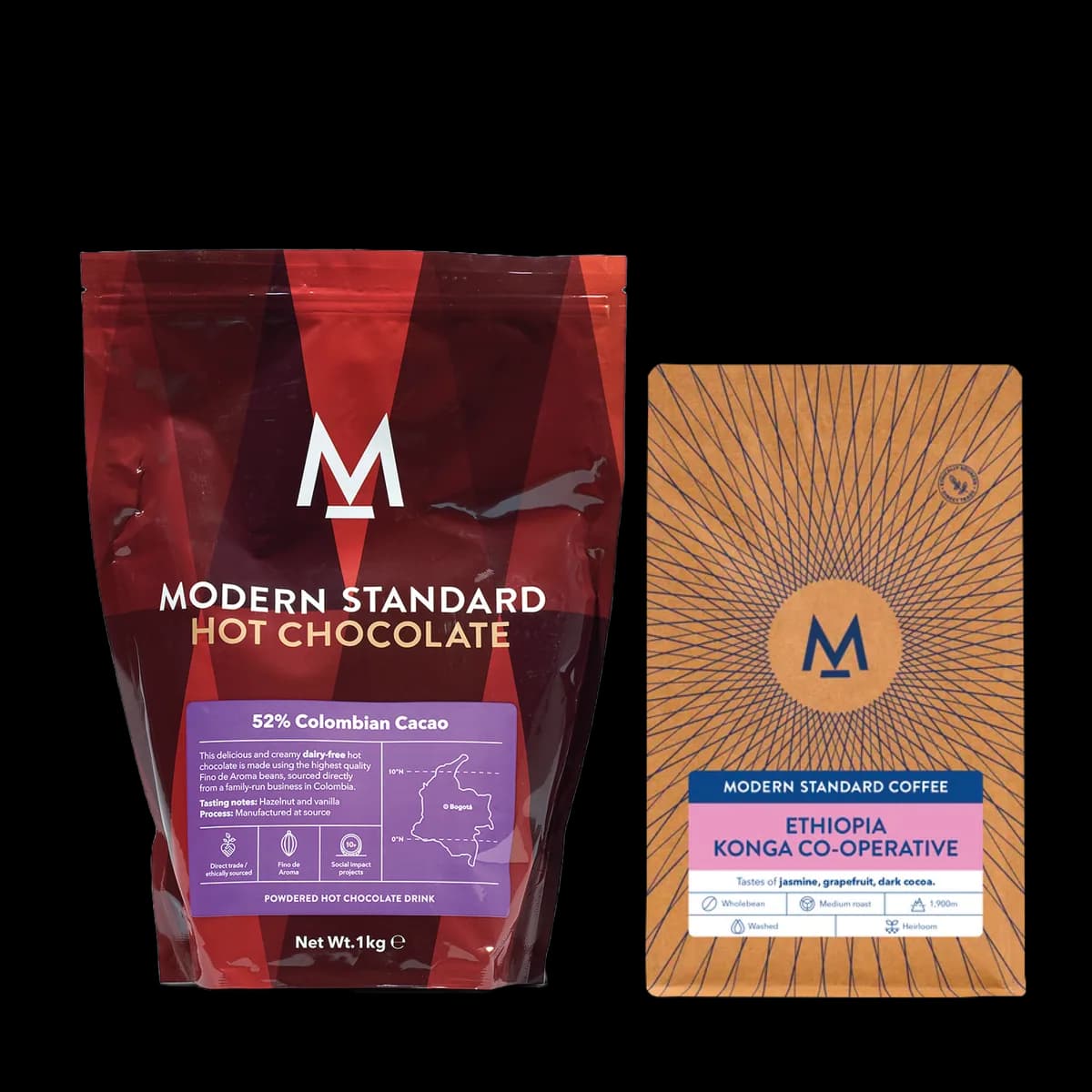 hot chocolate & coffee gift bag, colombia + guatemala coffee from modern standard coffee - roastery