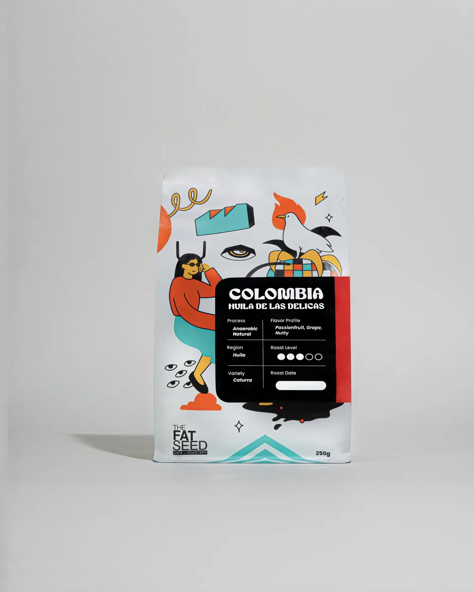 colombia huila las delicias anaerobic natural, colombia coffee from the fat seed cafe + roastery greenbelt