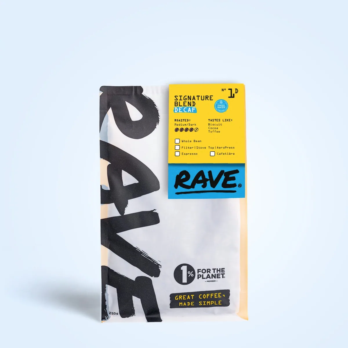 signature blend decaf n° 1d, guatemala + indonesia coffee from rave coffee love lane