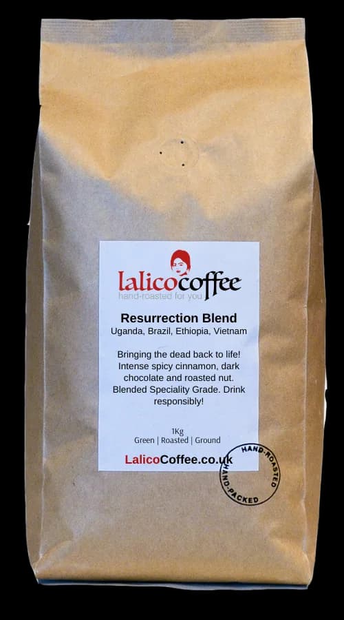 resurrection espresso blend coffee, ethiopia + uganda + brazil + vietnam coffee from lalico coffee