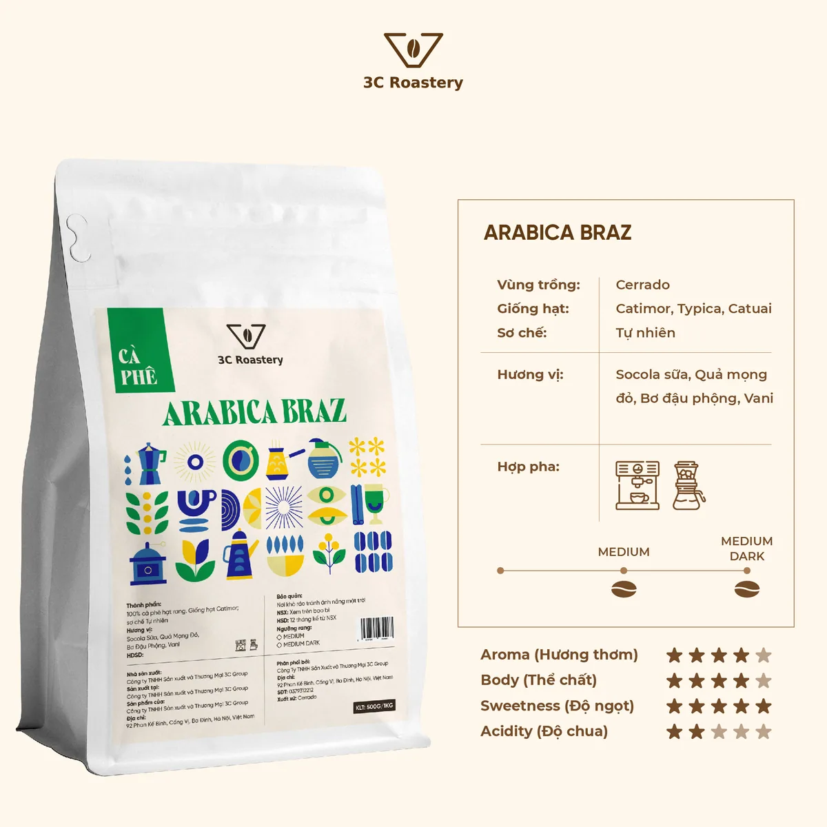 cà phê arabica brazil cerrado – sơ chế natural, brazil coffee from 3c roastery - 66 vũ phạm hàm