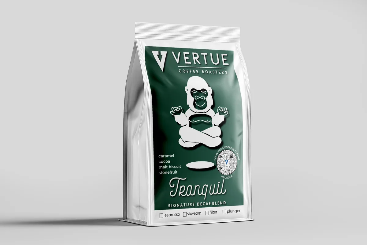 tranquil decaf espresso blend, colombia coffee from vertue coffee roasters
