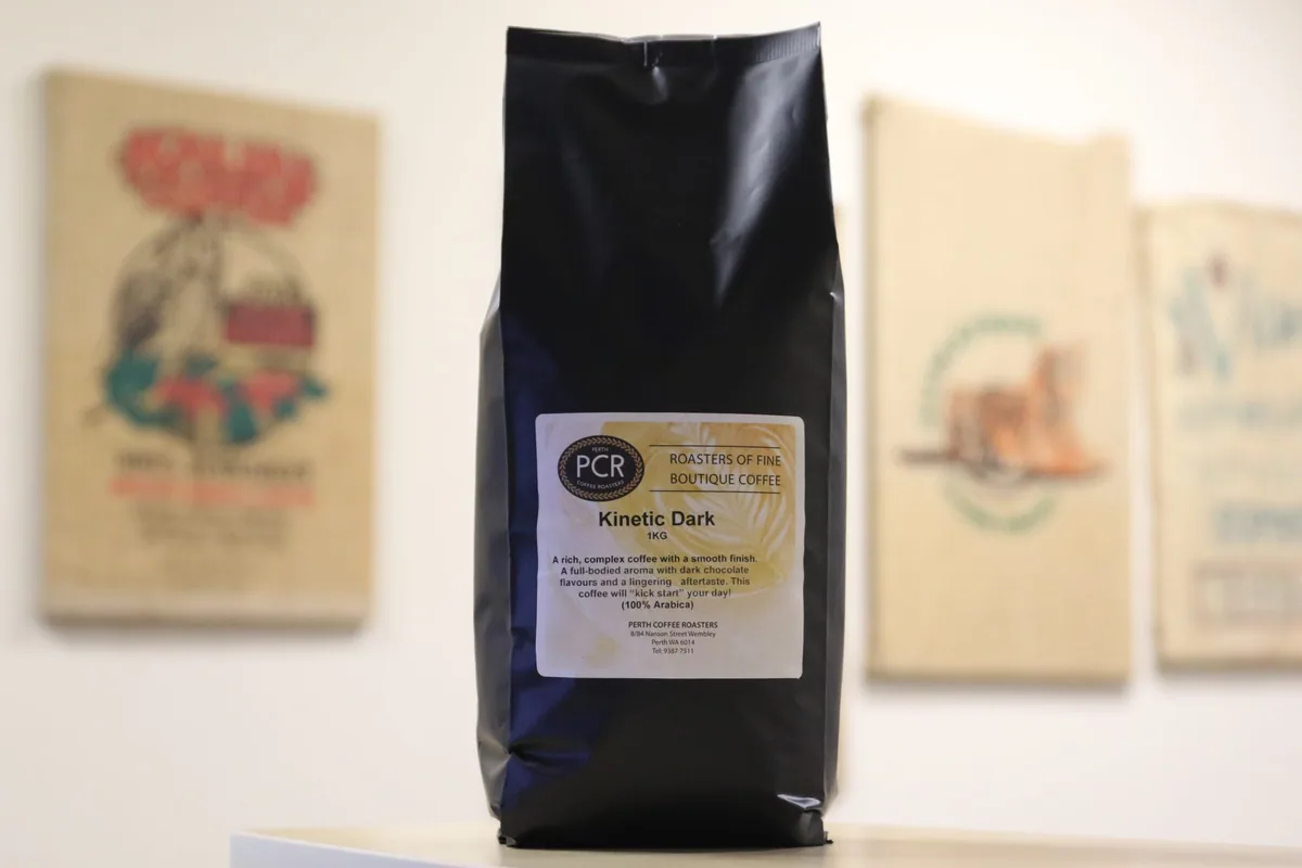 kinetic dark 1kg beans, ethiopia + kenya + colombia + guatemala + indonesia + india + papua new guinea coffee from perth coffee roasters