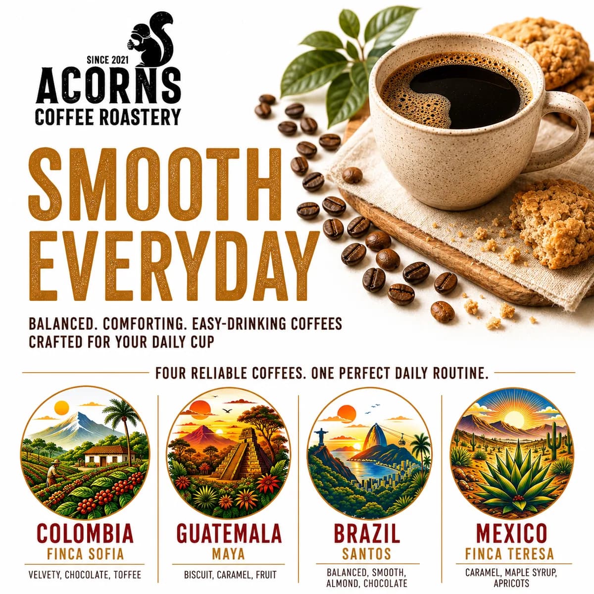 smooth everyday, colombia + brazil + guatemala coffee from acorns coffee and cake