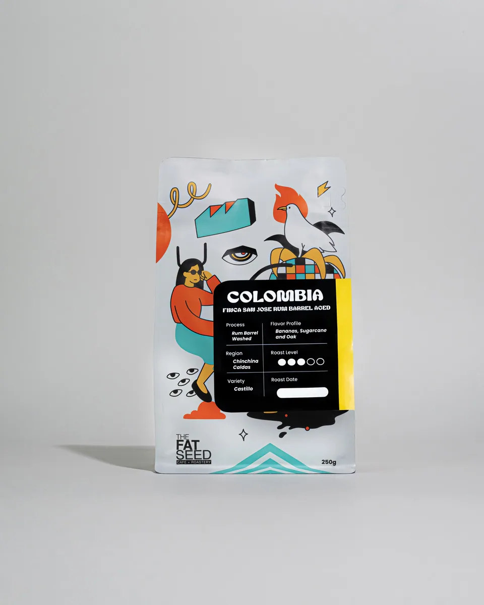 colombia finca san jose rum barrel aged washed, colombia coffee from the fat seed cafe + roastery bgc