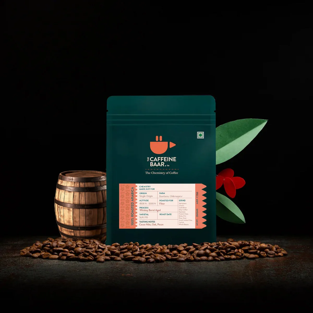 whiskey barrel aged sample packet, india coffee from the caffeine baar cafe & roastery