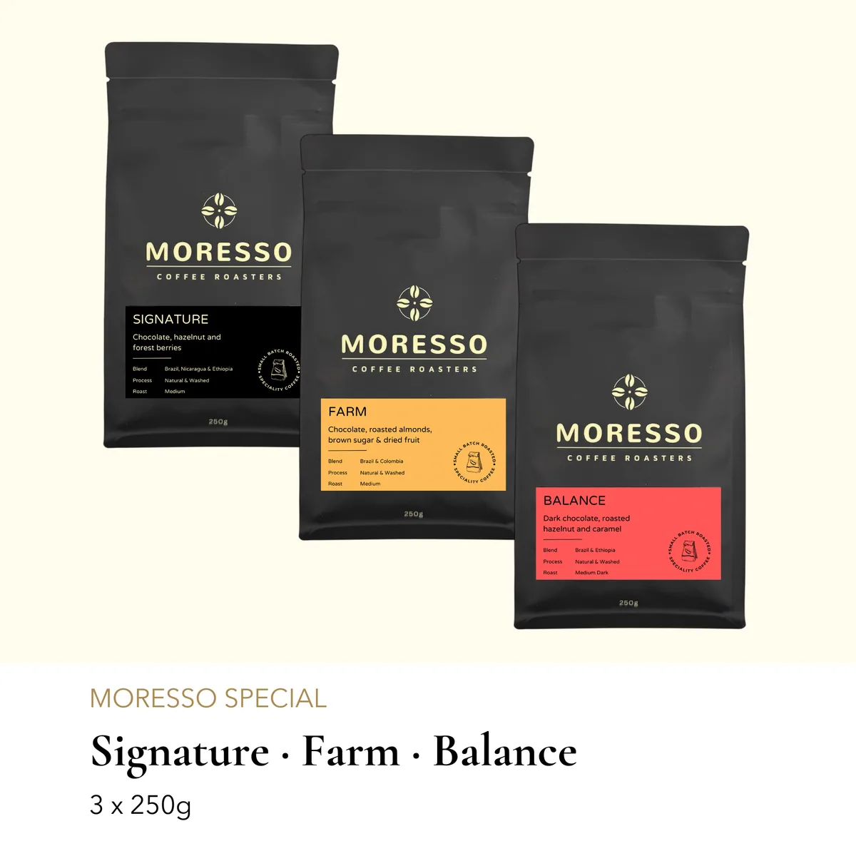 moresso special 3 x 250g, colombia + brazil coffee from moresso coffee roasters