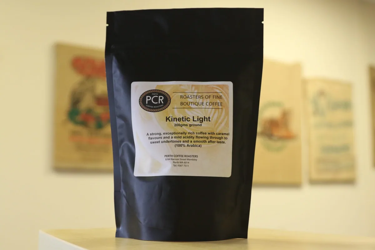 kinetic light 200g ground espresso, ethiopia + kenya + colombia + guatemala + indonesia + india + papua new guinea coffee from perth coffee roasters