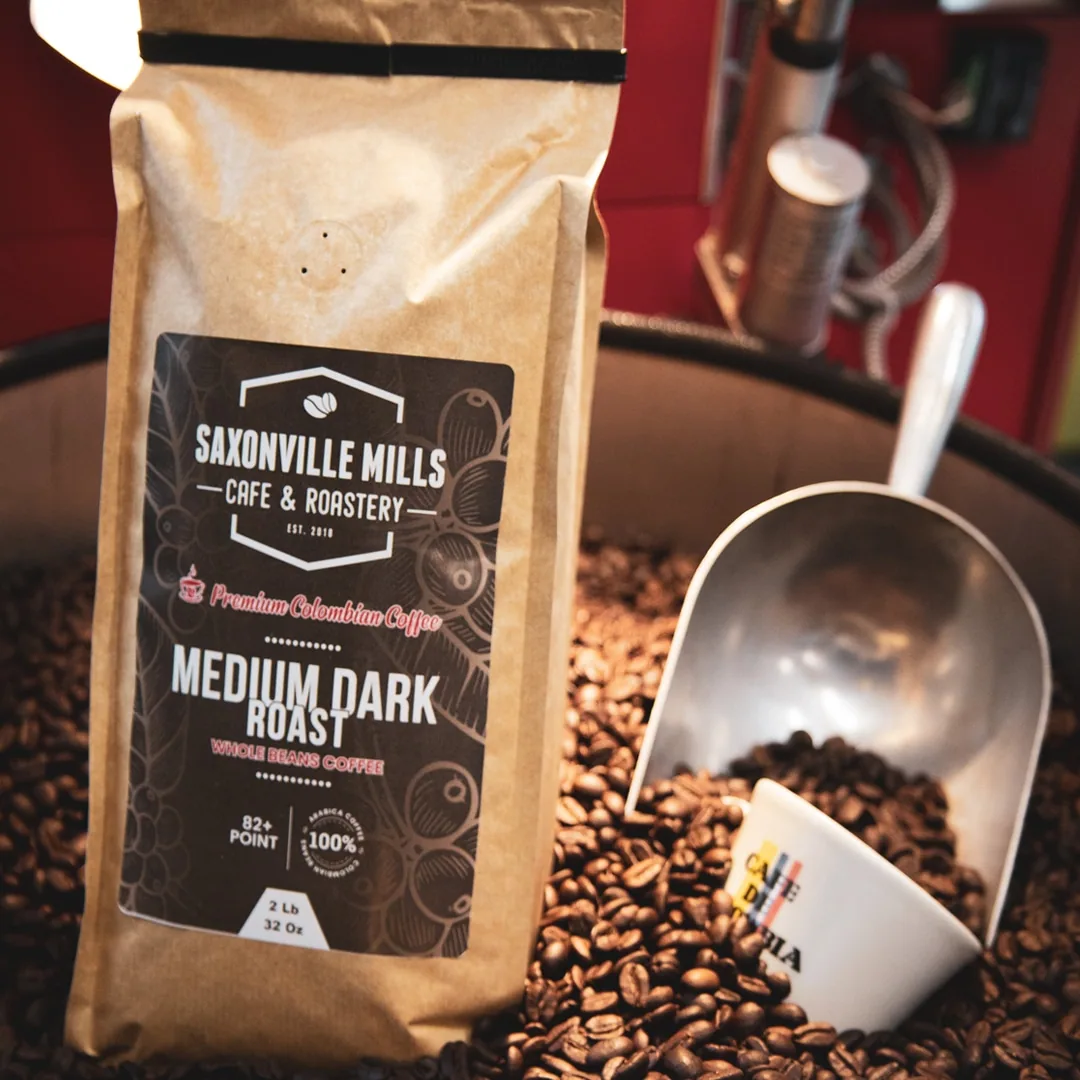 medium dark coffee, colombia coffee from saxonville mills cafe & roastery