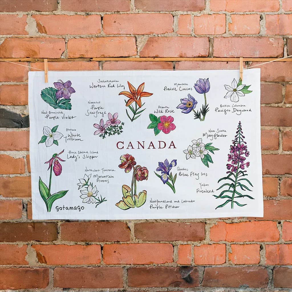 canadian floral emblems- gotamago tea towel, india coffee from outpost coffee roasters ltd