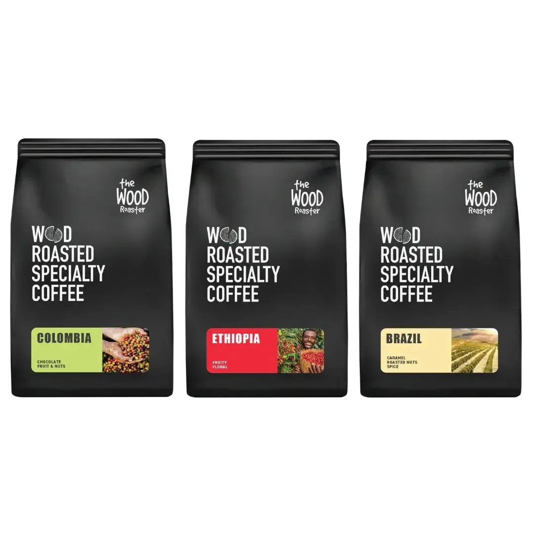 classic single origin coffee taster pack, ethiopia + colombia + brazil coffee from the wood roaster