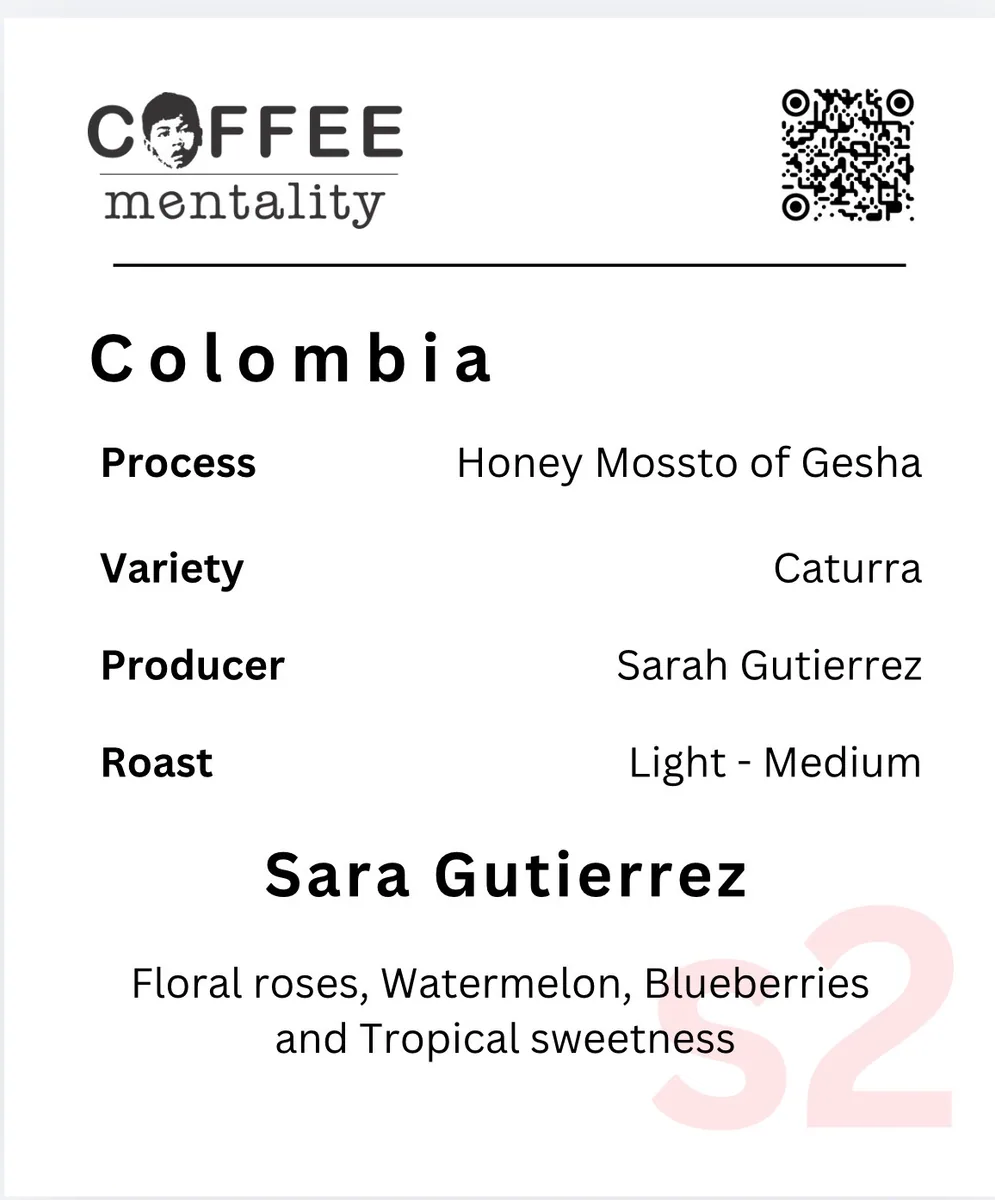 colombia – sara gutierrez honey mossto of gesha, colombia coffee from coffee mentality roastery - woolloongabba