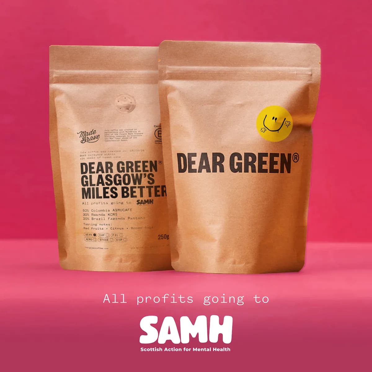 glasgow's miles better - blend for samh, rwanda + colombia + brazil coffee from dear green coffee roasters