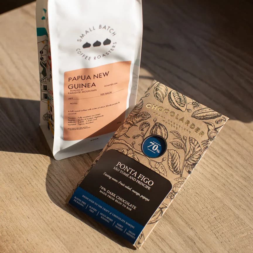 paradise mountain and ponta figo chocolate pairing, papua new guinea coffee from small batch coffee roasters - roastery & cafe