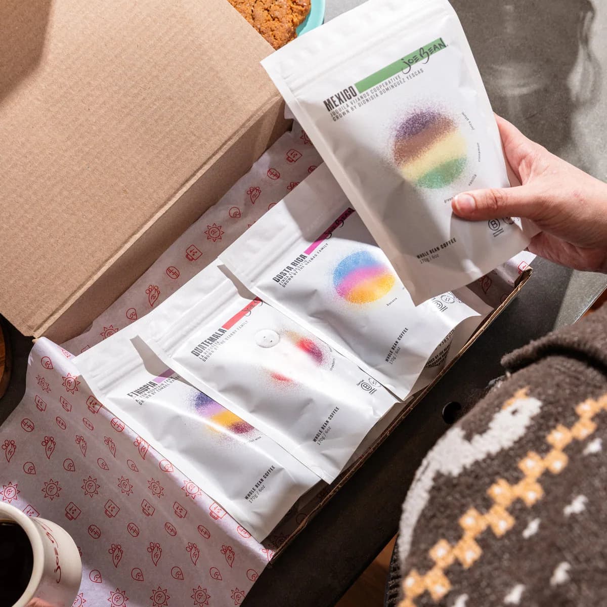 single origin sample box, ethiopia + colombia + guatemala + costa rica coffee from joe bean roasters