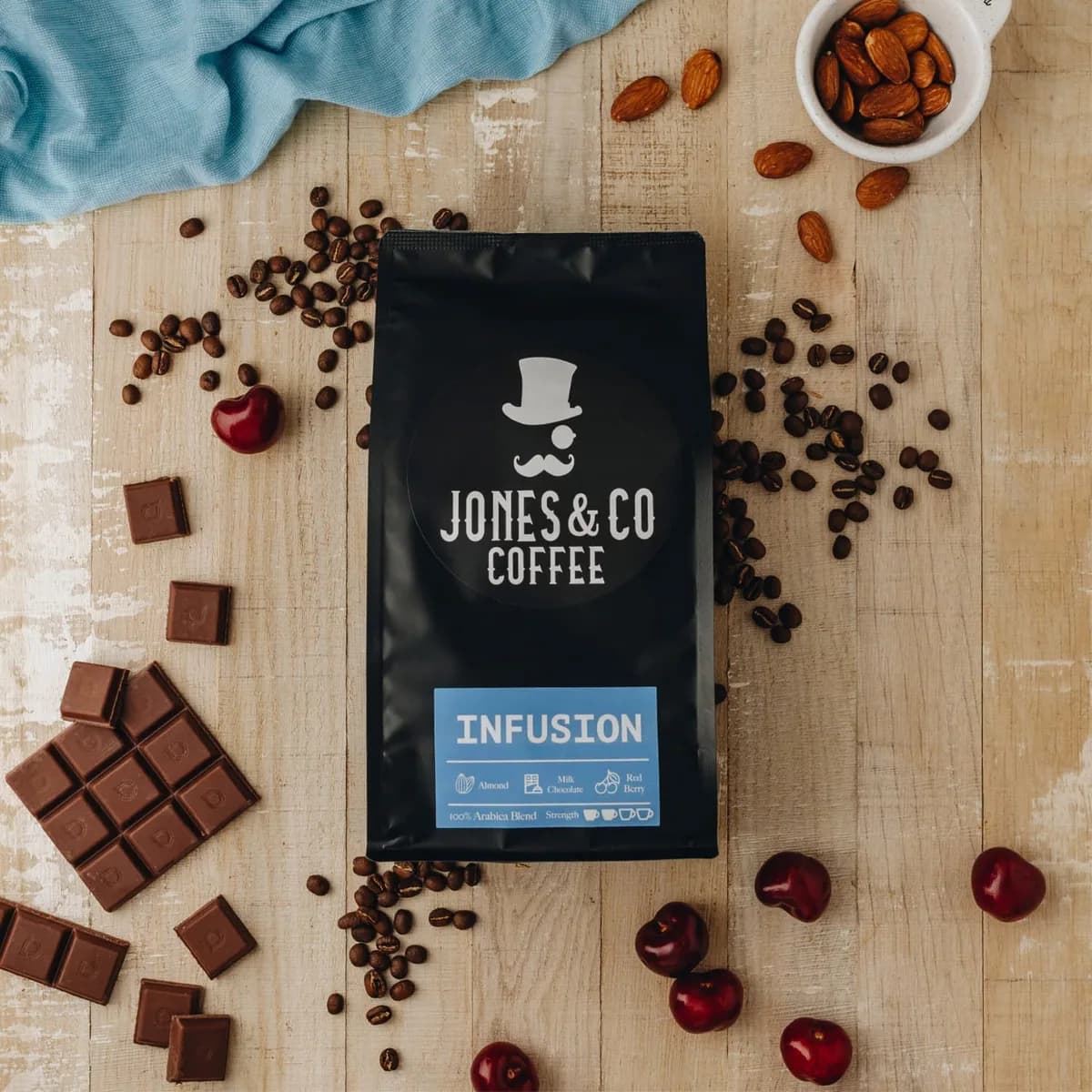 infusion blend, colombia + guatemala + costa rica + papua new guinea coffee from jones & co coffee roasters