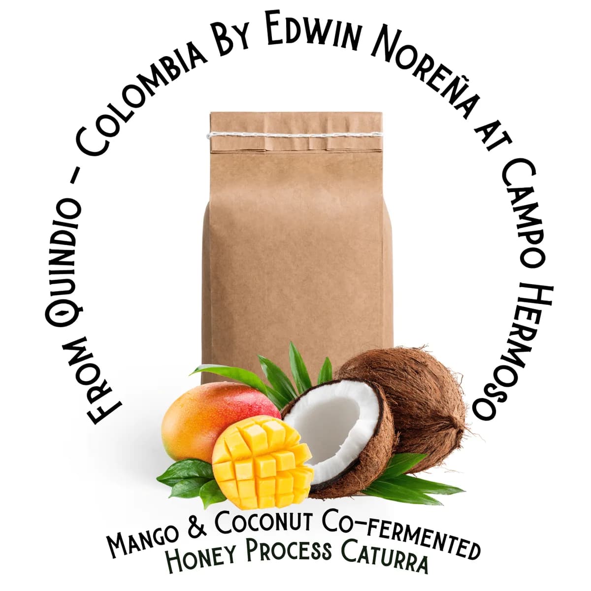 co fermented coffee mango & coconut, colombia + brazil + guatemala + costa rica + nicaragua coffee from rigby roastery