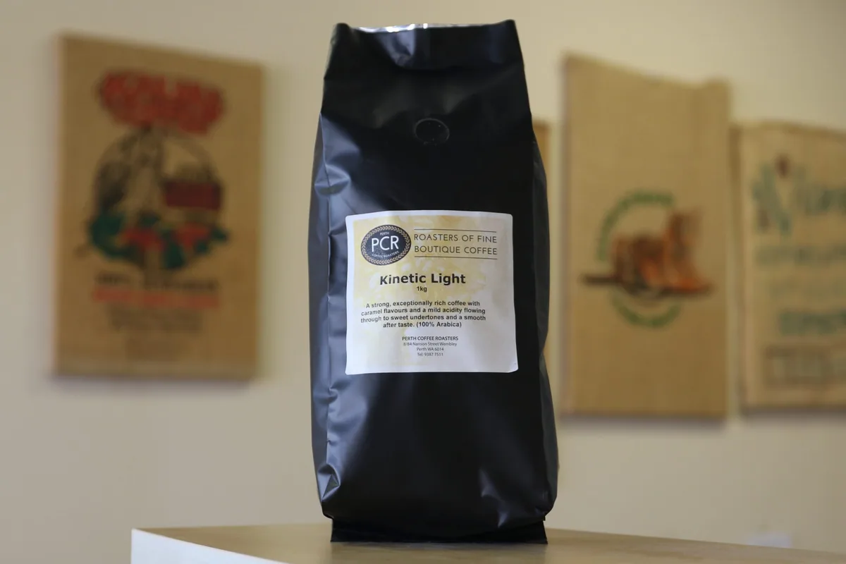 kinetic light 1kg beans, ethiopia + kenya + colombia + guatemala + indonesia + india + papua new guinea coffee from perth coffee roasters