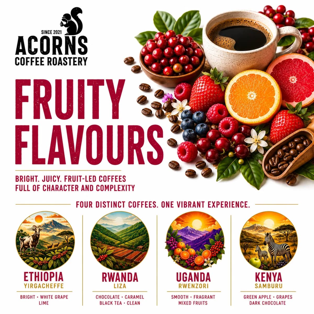 fruity flavours, ethiopia + kenya + rwanda + uganda coffee from acorns coffee and cake