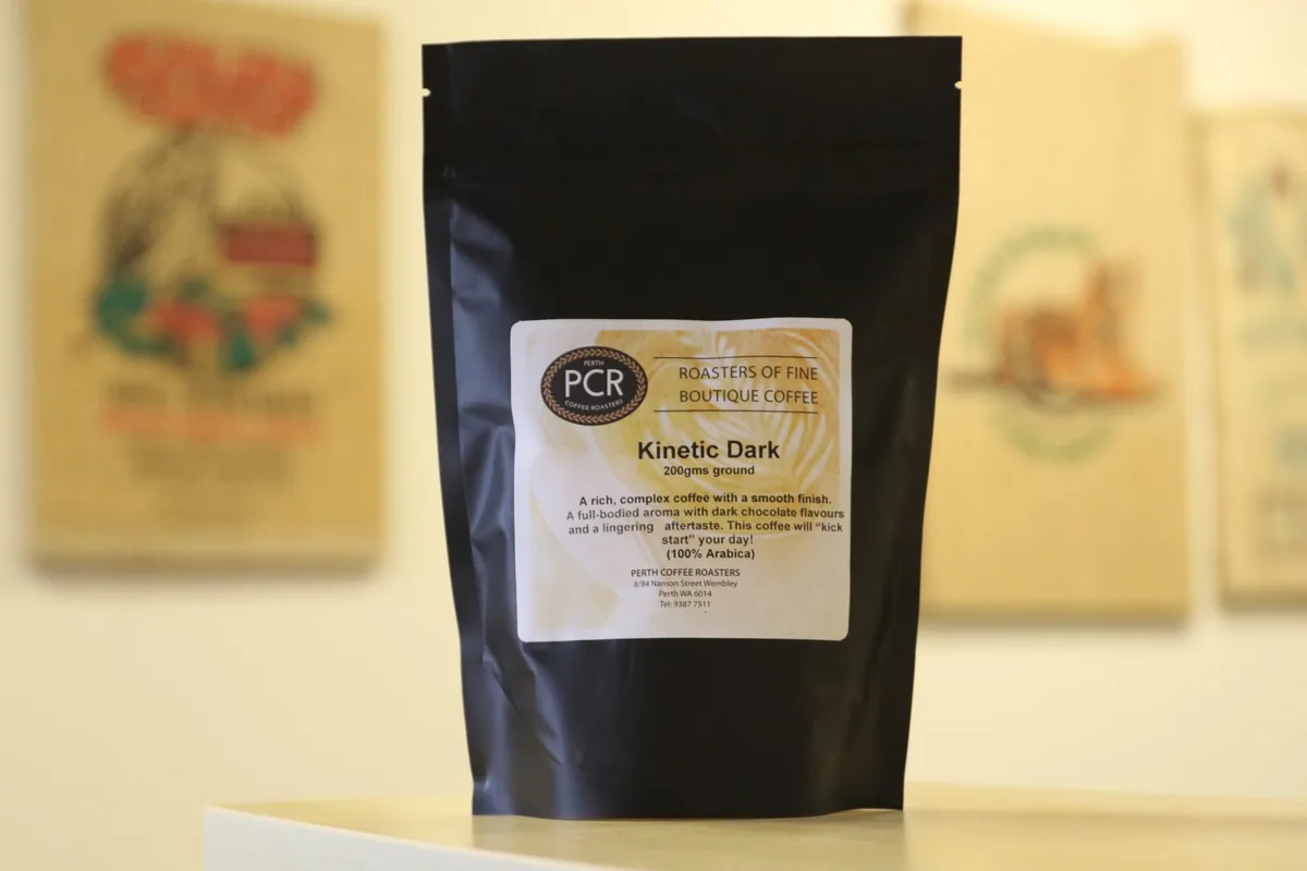 kinetic dark 200g ground espresso, ethiopia + kenya + colombia + guatemala + indonesia + india + papua new guinea coffee from perth coffee roasters