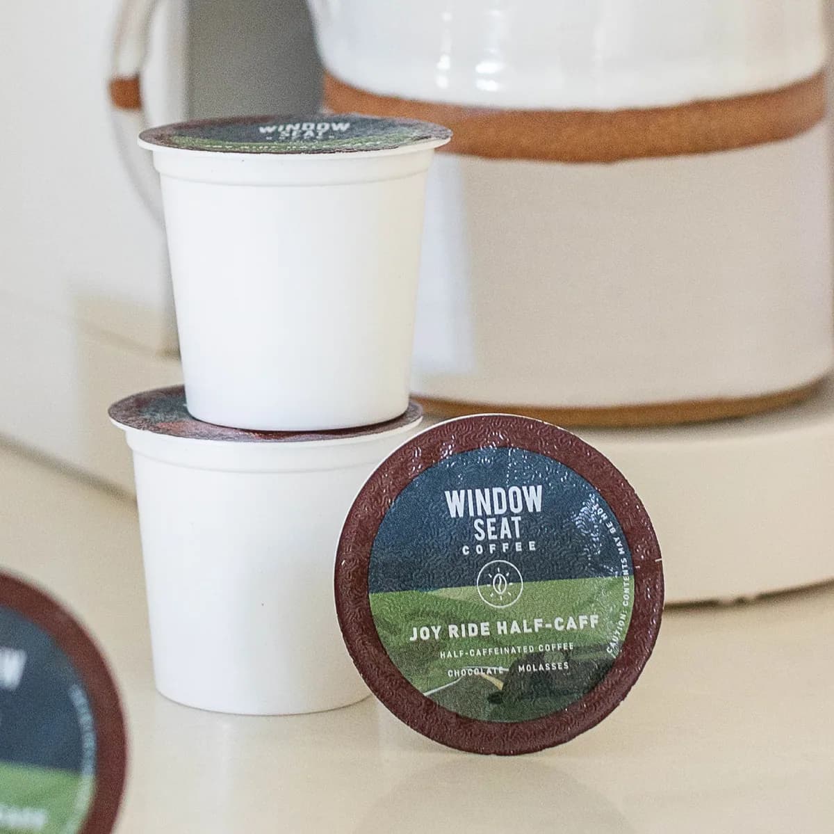 joy ride half-caff single serve pods, brazil coffee from window seat coffee
