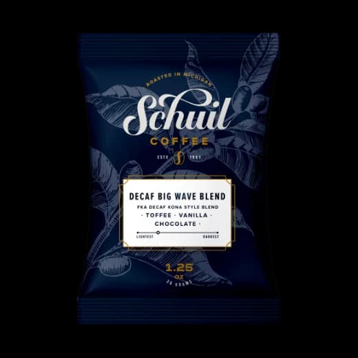 decaf big wave blend - packet, rwanda + colombia + brazil + hawaii + hawaiian kona coffee from schuil coffee company