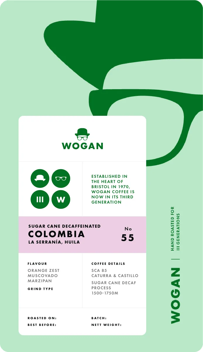 sugar cane decaf, colombia, la serranía, colombia coffee from wogan coffee