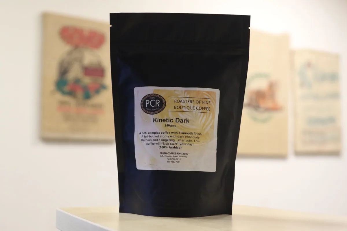 kinetic dark 250g beans, ethiopia + kenya + colombia + guatemala + indonesia + india + papua new guinea coffee from perth coffee roasters