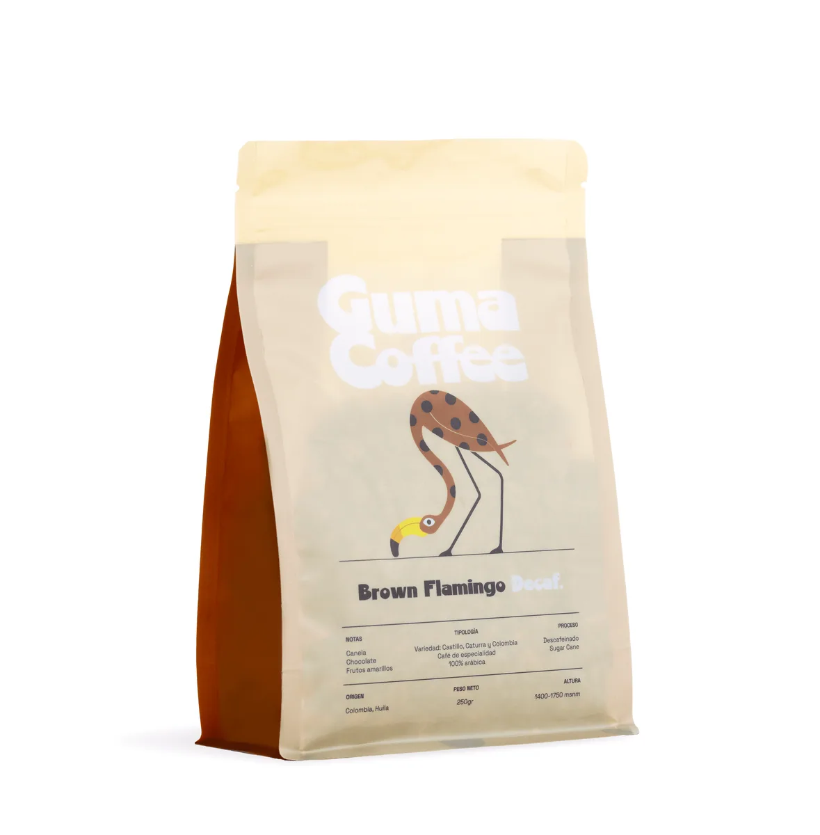 brown flamingo, colombia descafeinado, colombia coffee from bee love