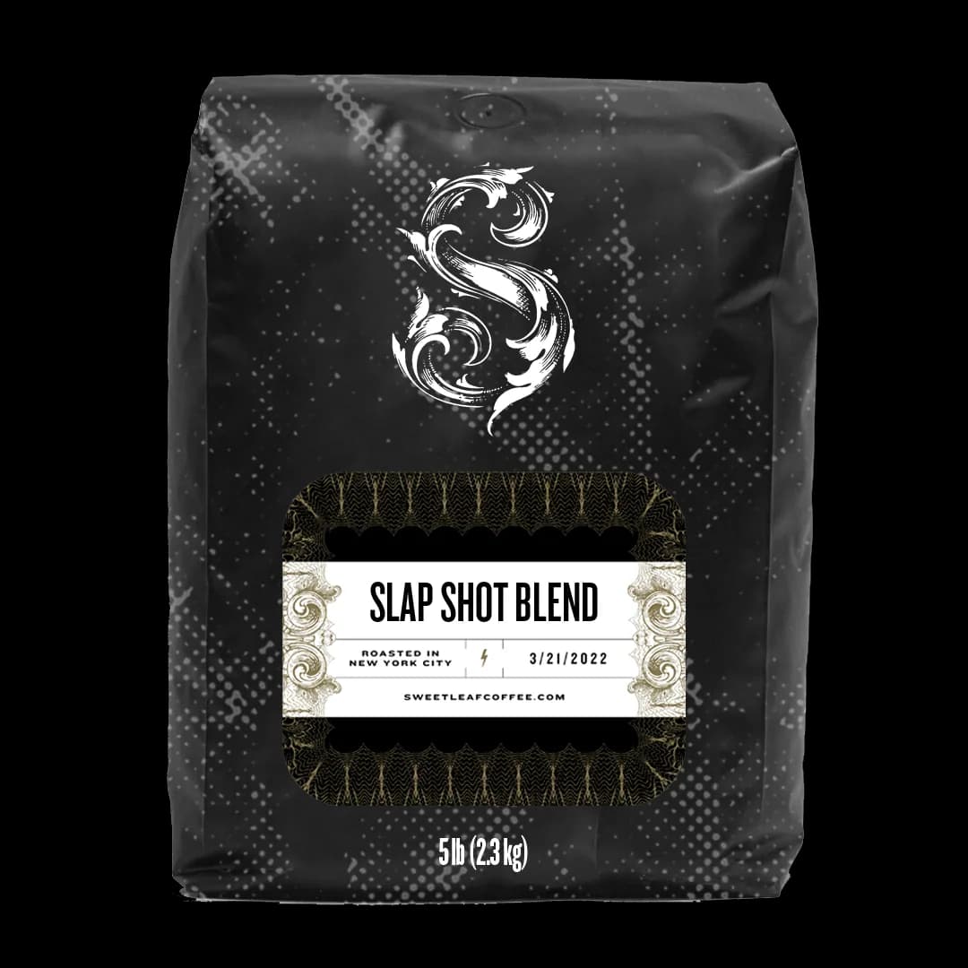 slap shot blend 5lb, ethiopia + colombia + guatemala coffee from sweetleaf coffee roasters