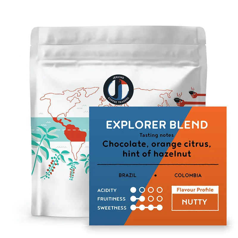 explorer blend, colombia + brazil coffee from jericho coffee traders roastery