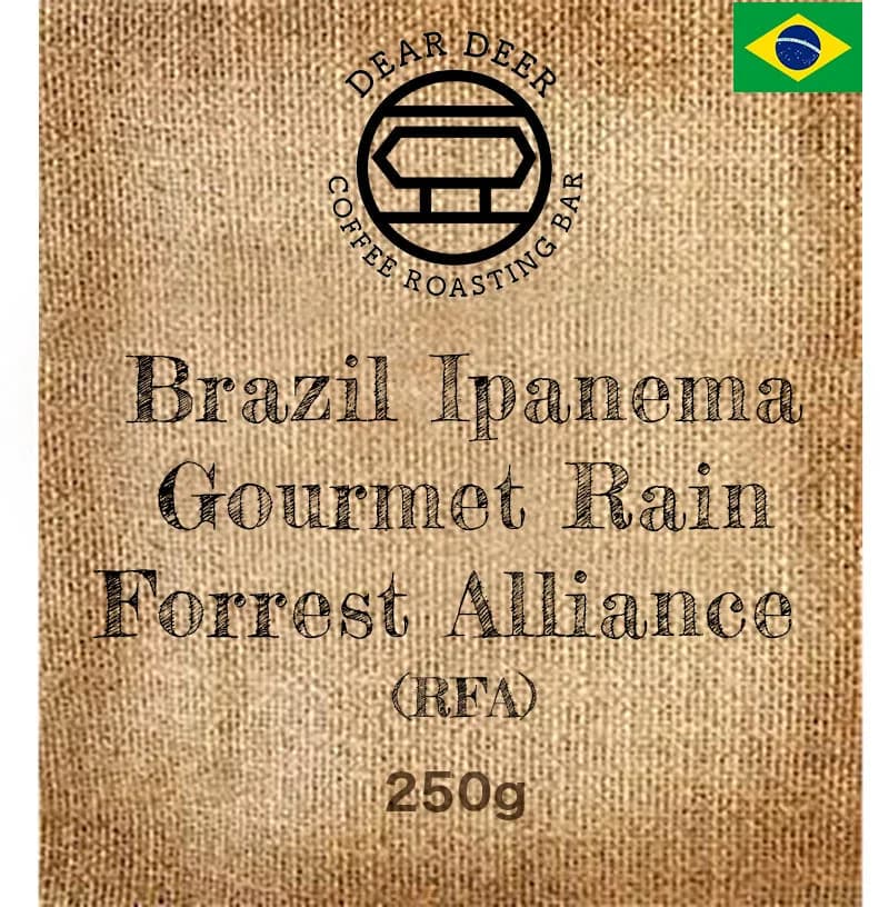 brazil ipanema gourmet rain forrest alliance (rfa), brazil coffee from dear deer coffee roasting bar onehunga