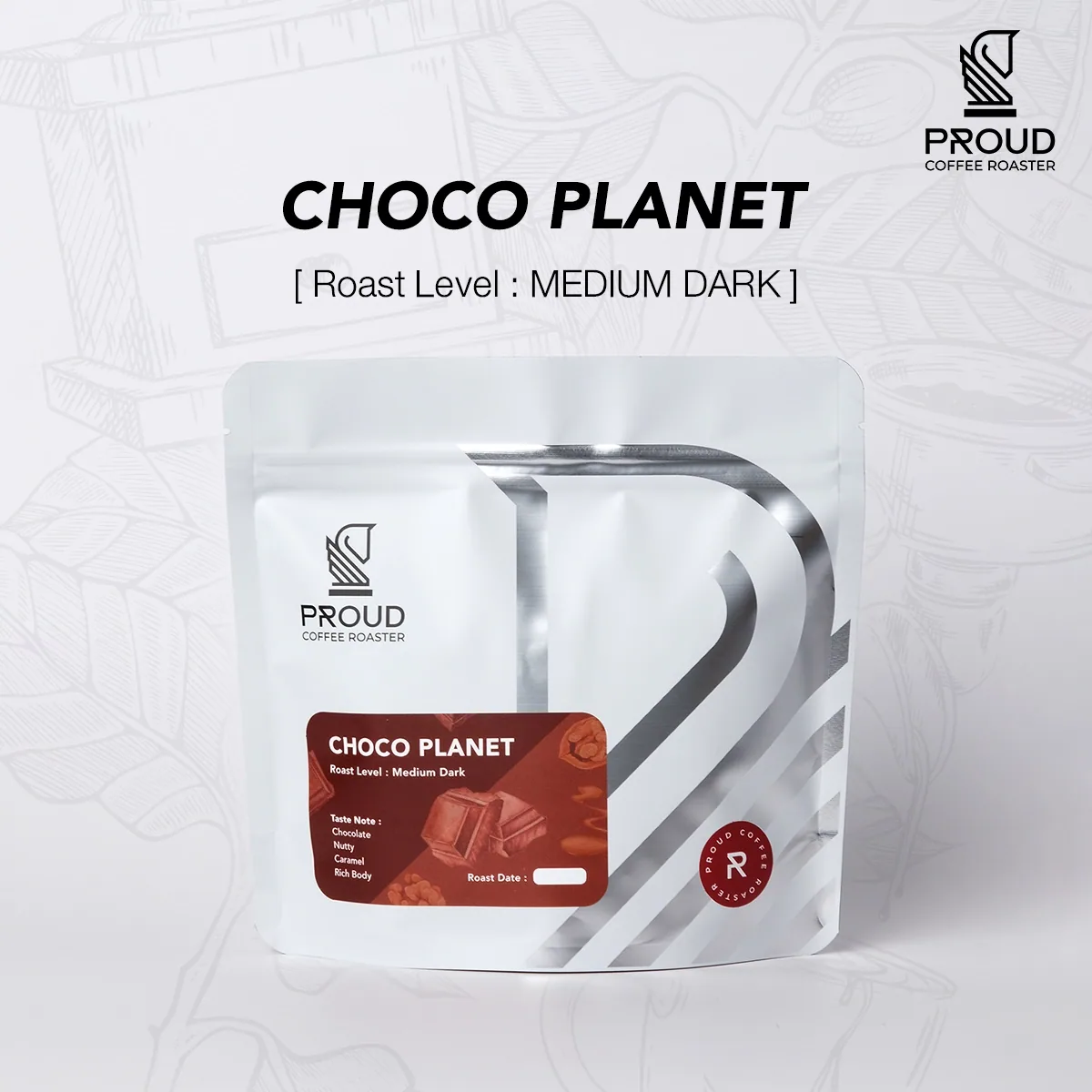 เมล็ดกาแฟคั่วกลางเข้ม choco planet (200g), brazil + guatemala coffee from proud coffee roaster