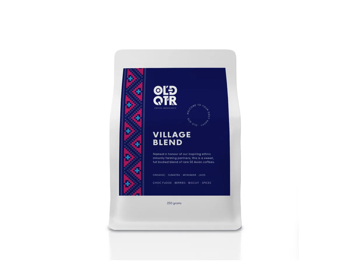 village blend, costa rica + indonesia + sumatra coffee from old quarter coffee merchants - southport