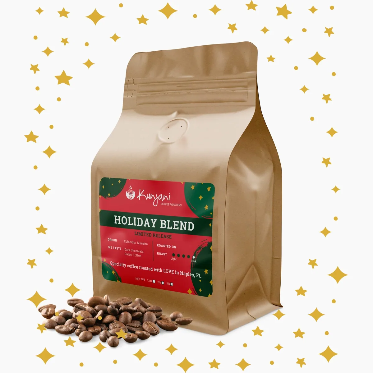 holiday blend 2025, colombia + indonesia + sumatra coffee from kunjani craft coffee & gallery