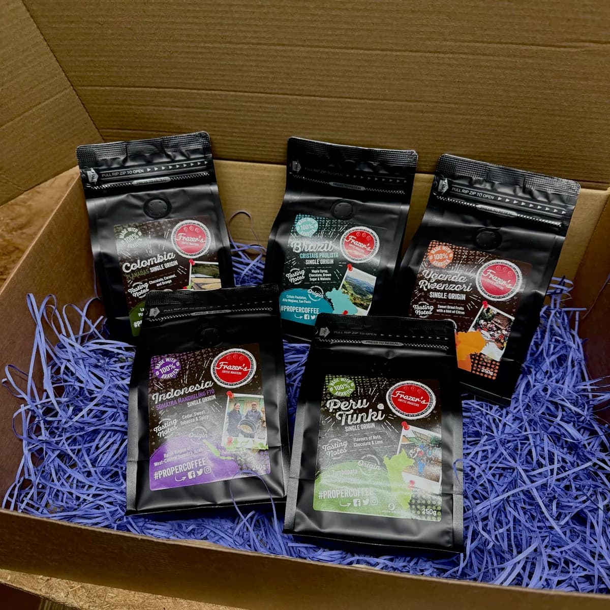 origin box, uganda + colombia + brazil + peru + indonesia coffee from frazer's coffee roasters