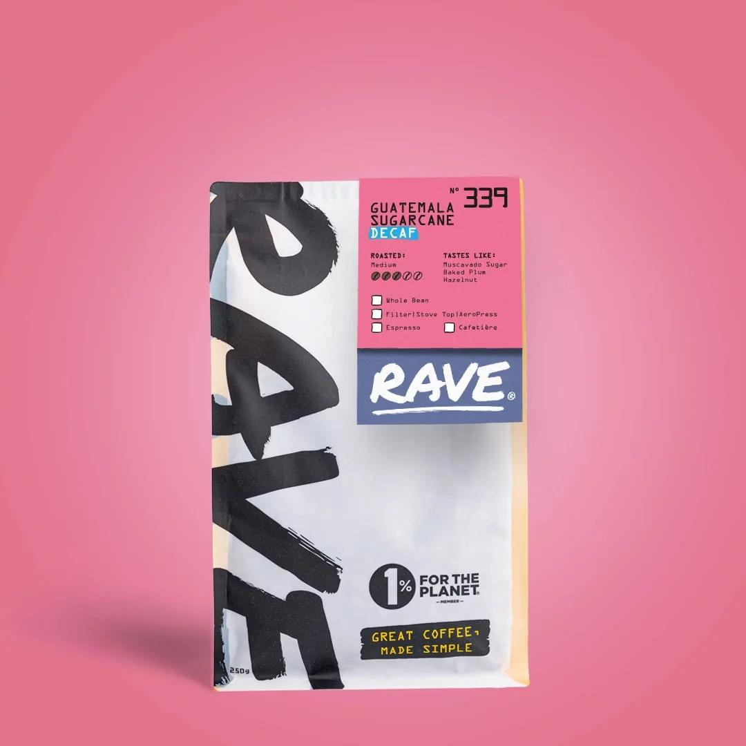 guatemala sugarcane decaf nº 339, guatemala coffee from rave coffee love lane