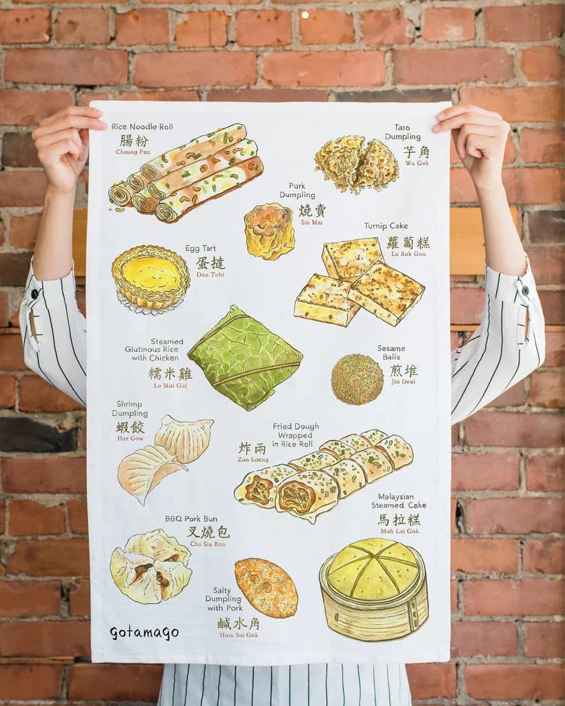 dim sum tea towel--gotamago, india coffee from outpost coffee roasters ltd