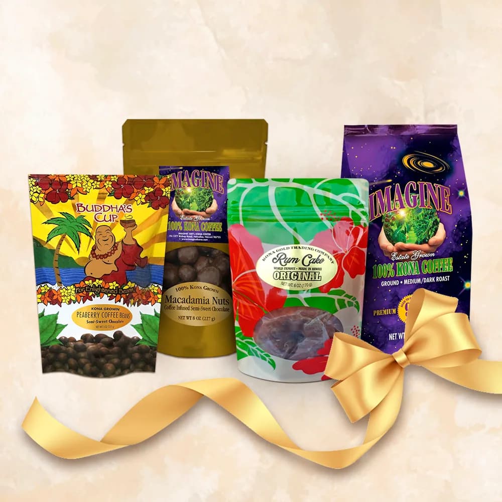 hawaiian joy gift pack, hawaii coffee from buddha's cup kona coffee and tea farm