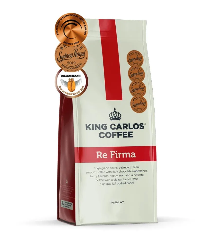 re firma, specialty coffee blend, colombia + brazil + papua new guinea coffee from king carlos coffee roasters